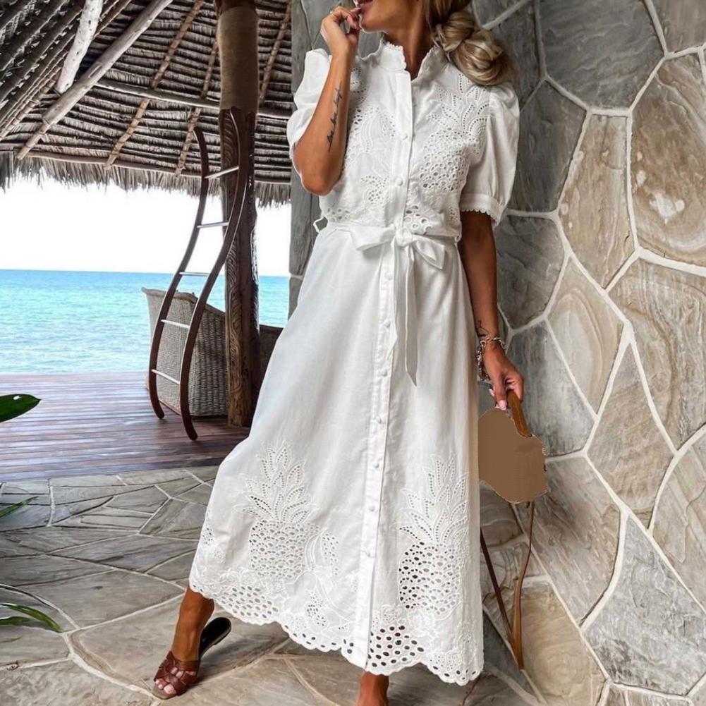 2025 femmes robe évider broderie simple boutonnage grand ourlet à lacets grand ourlet Maxi robe cheville longueur femmes plage robe d'été