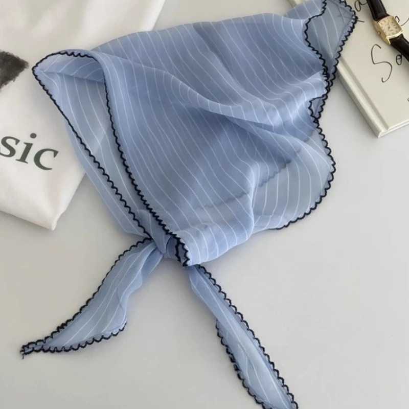 Petite écharpe coréenne fraîche, foulard à rayures fines, bandeau à pois doux, Turban triangulaire, bandeau pour cheveux pour filles, 2025