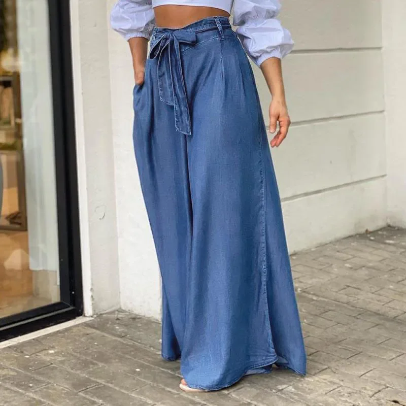 Pantalon long en jean pour femme, coupe ample, taille haute, couleur unie