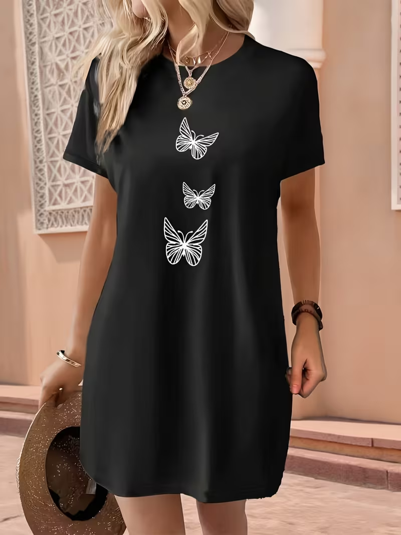 Robe d'été à manches courtes pour femmes, élégante et tendance, avec imprimé papillon, idéale pour les sorties estivales