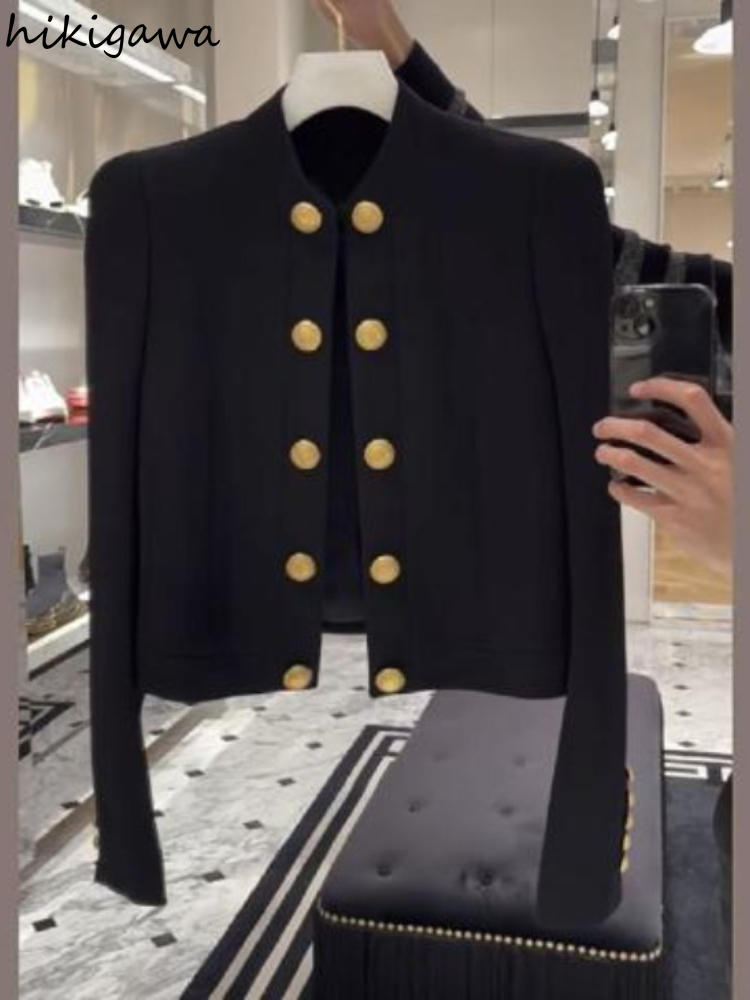 Vestes coréennes noires pour femmes, vêtements de tempérament pour dames, hauts à la mode, col montant, tunique à Double boutonnage, manteaux courts, 2025 Ropa Mujer