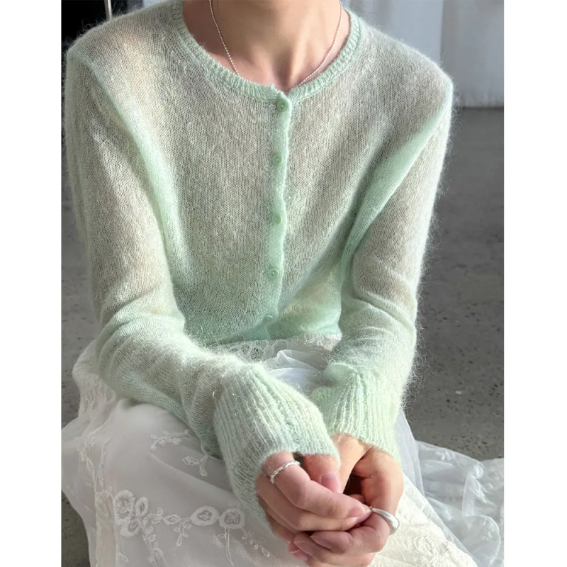 Pull en laine et mohair pour femme 2026 – Cardigan fin tricoté ajouré – Hauts doux pour femme