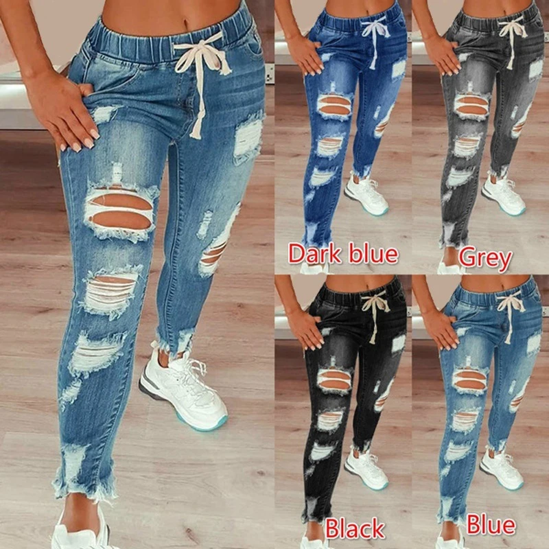 Mode Vintage bleu déchiré jean femmes taille élastique cordon crayon Denim jean bureau dame trous taille haute pantalon