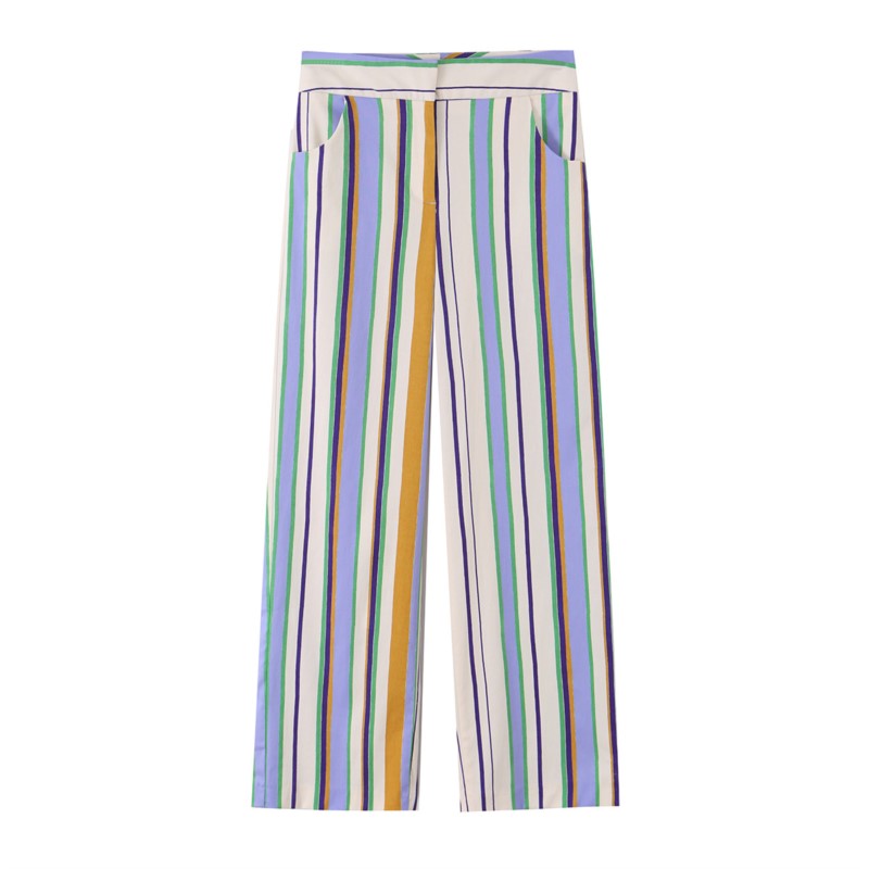 Ensemble 2 pièces décontracté pour femme : Haut à col rond et manches courtes avec nœud, pantalon rayé taille mi-haute à jambe droite