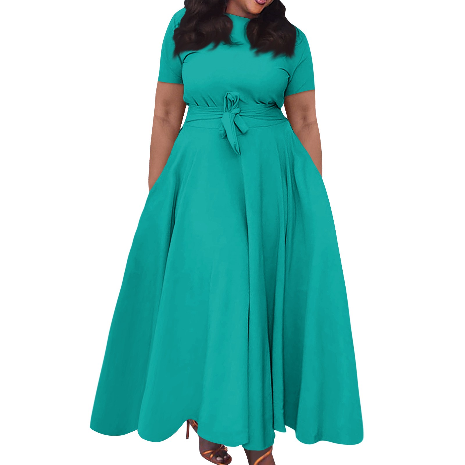 Robe longue décontractée pour femmes, grande taille, sexy, couleur unie, col rond, manches courtes, poche, bretelles, balançoire, elbise