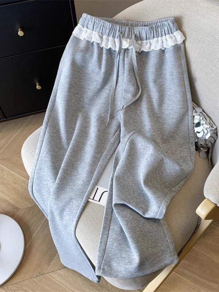 Mode coréenne solide pantalon femme gris dentelle Patchwork pantalons de survêtement femmes taille haute décontractée pantalon ample élégant pantalon à jambes larges
