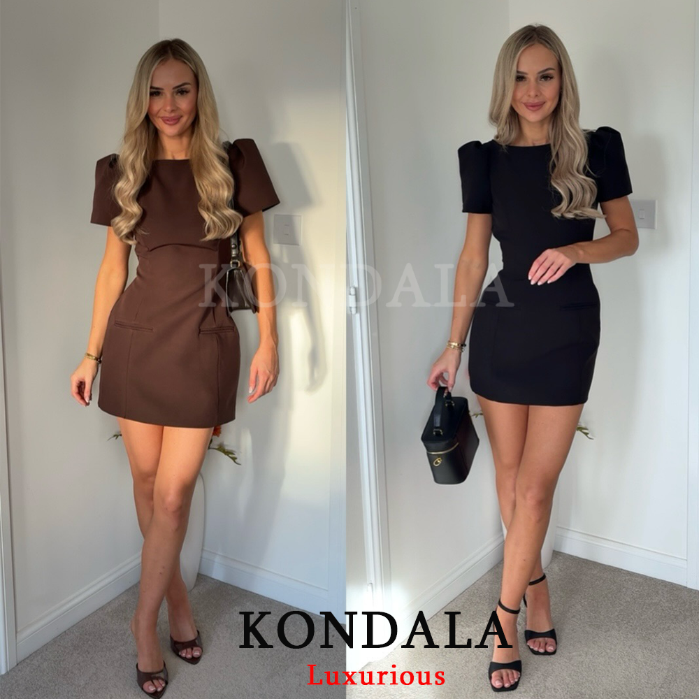 KONDALA Sexy Chic noir robe de soirée à manches courtes Pad épaule Mini robe mode 2026 printemps soirée Club élégant femmes robe