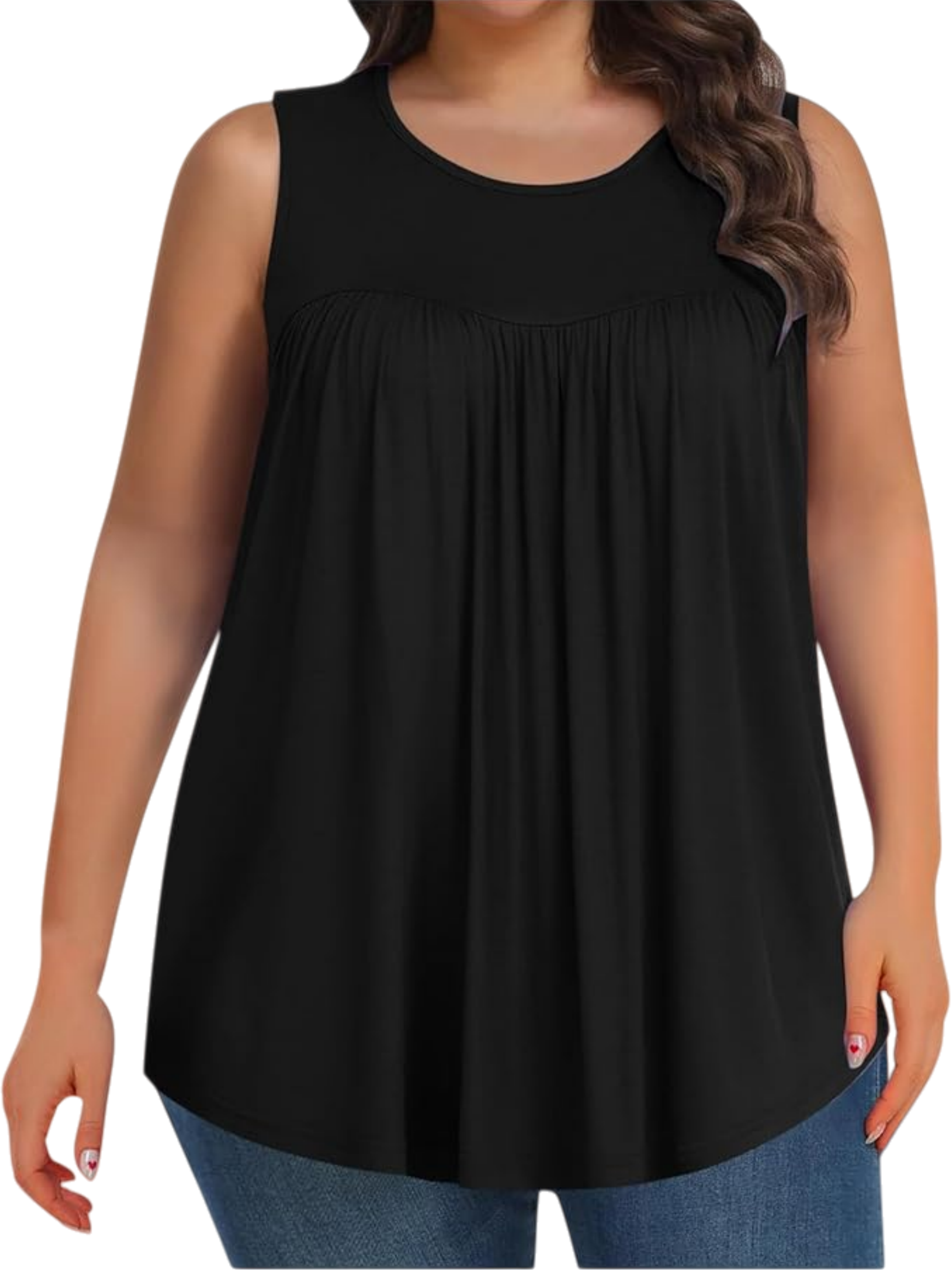 Chemisier tunique plissé fluide sans manches de couleur unie pour femme, grande taille, col rond, décontracté, pour le quotidien et les sorties décontractées
