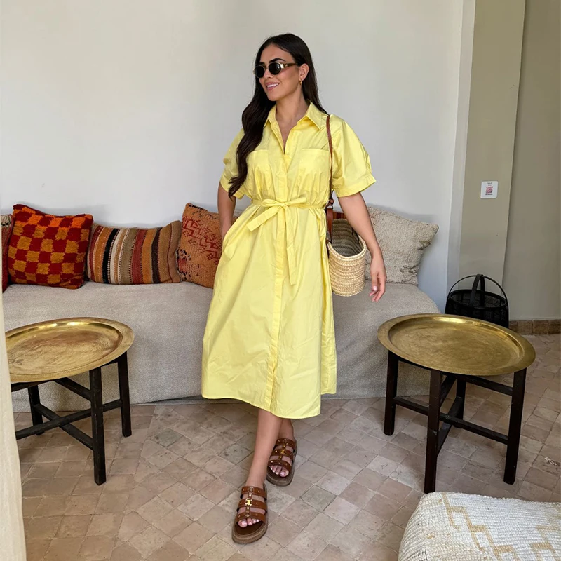 Robe décontractée à lacets pour femmes, simple boutonnage, col rabattu, manches courtes, robes pour dames, printemps été, ample, 2025