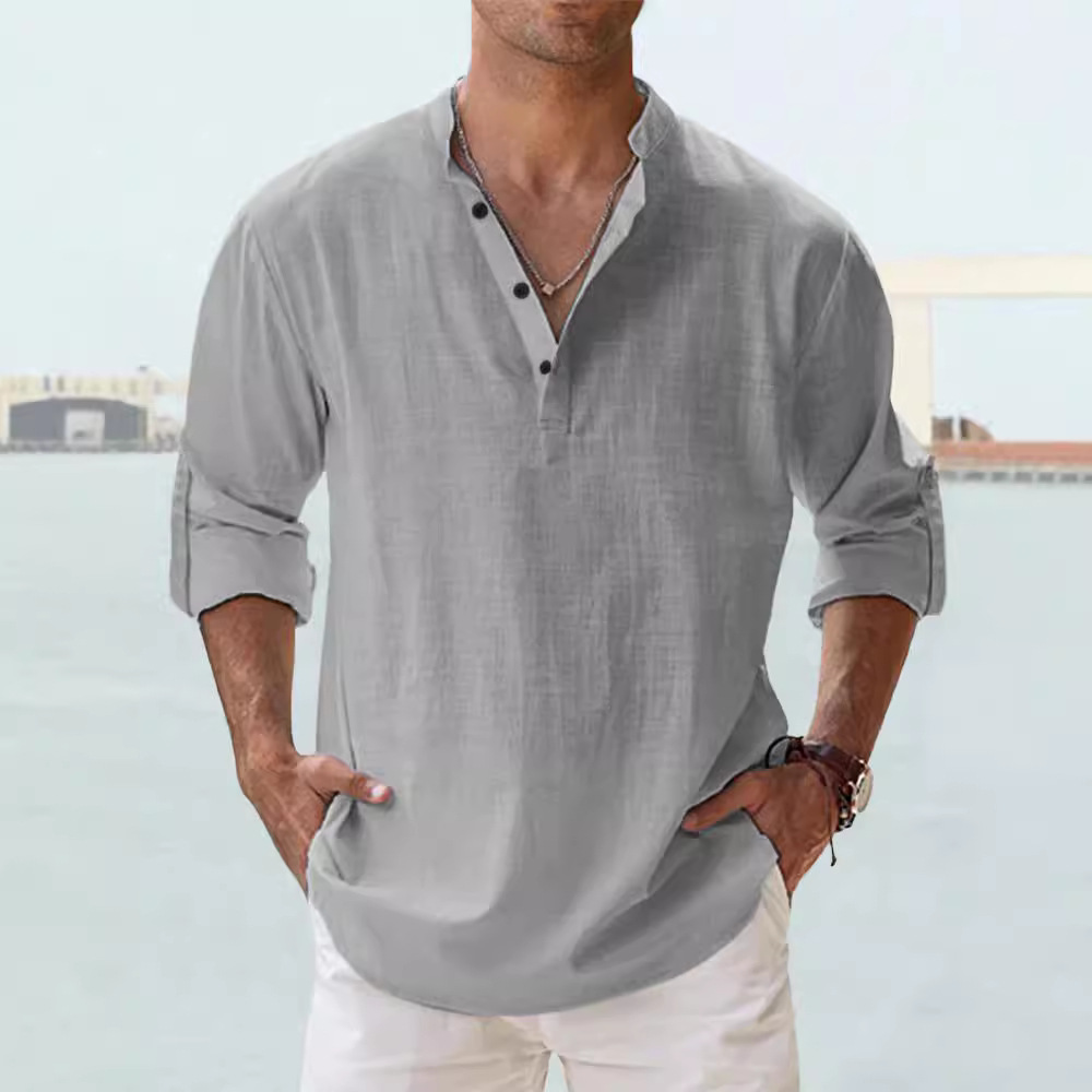Chemise d'été pour homme en lin à col montant et manches longues, coupe ample, couleur unie, en coton et lin, vêtements pour homme