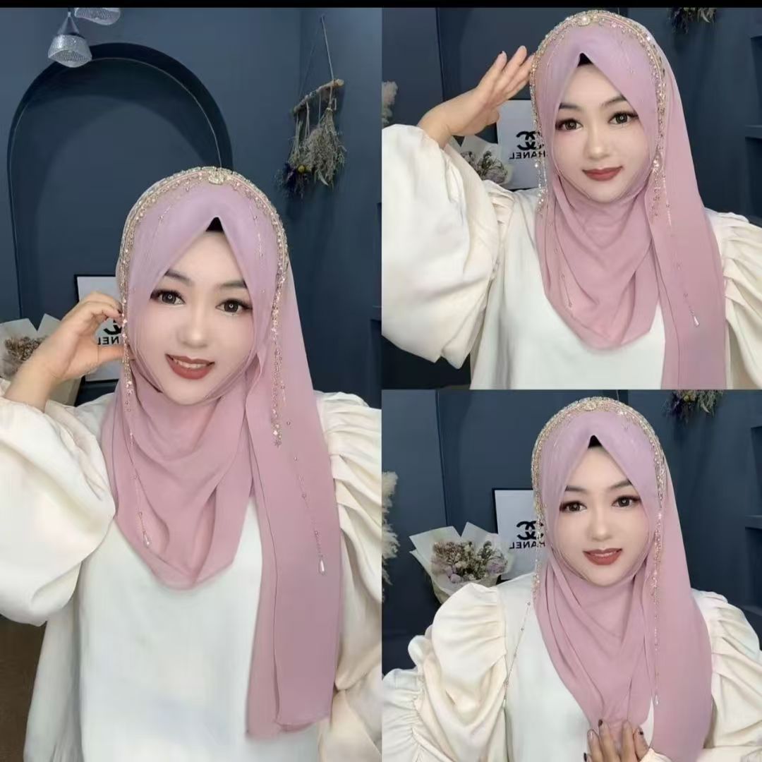 Hijabs pour femmes musulmanes bleus et roses avec perles et pompons, foulard de Ramadan, élégant pour les soirées, style malaisien, foulard Kufi islamique, été