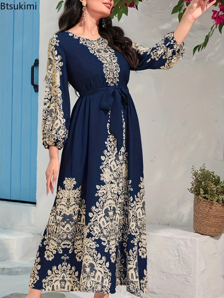 Robe longue imprimée pour femme, Abaya musulmane, Jalabiya de fête, Kaftan élégant, Robe longue arabe, Caftan marocain, Robe de soirée pour l'Aïd et le Ramadan