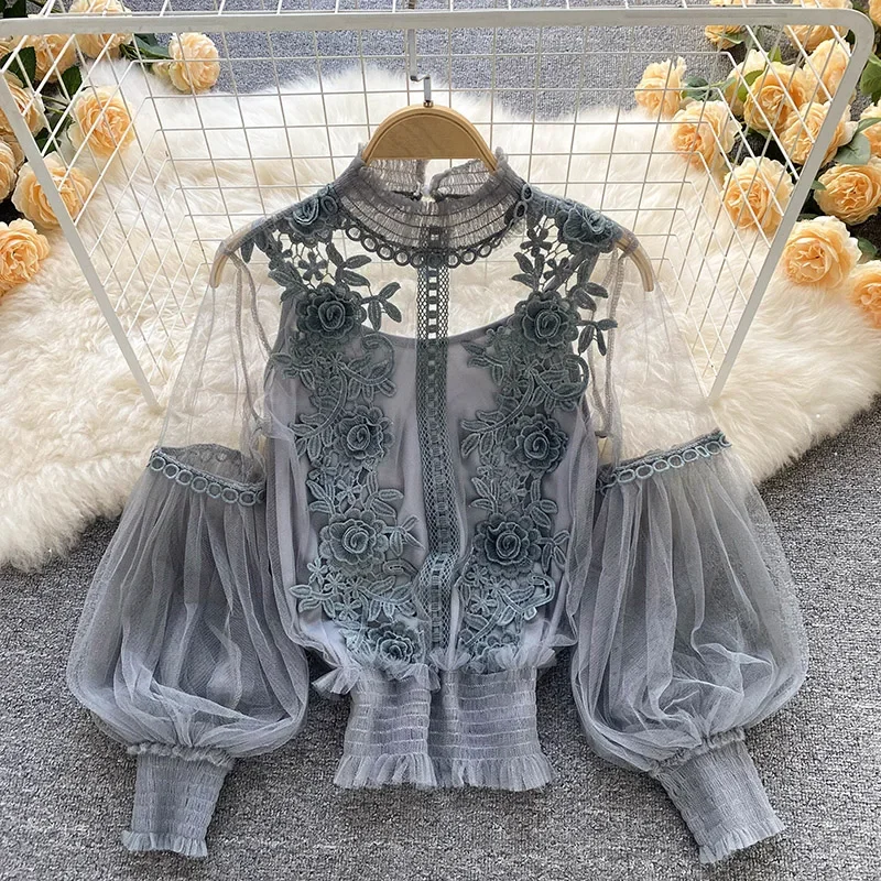 Dentelle bouffée à manches longues blouse vintage mode blouses élégant femme blusas coréen femme hauts femmes chemises vêtements livraison directe