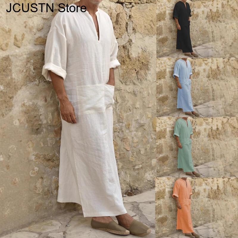 Grande taille hommes couleur unie Robe musulmane rétro arabe islamique Robe longue décontracté coton lin longue caftan moyen-orient vêtements islamiques