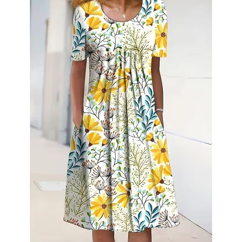 Robes pour femmes 2026 Printemps-Été, imprimé floral, manches courtes, col rond, poches, longueur genou, pour vêtements féminins