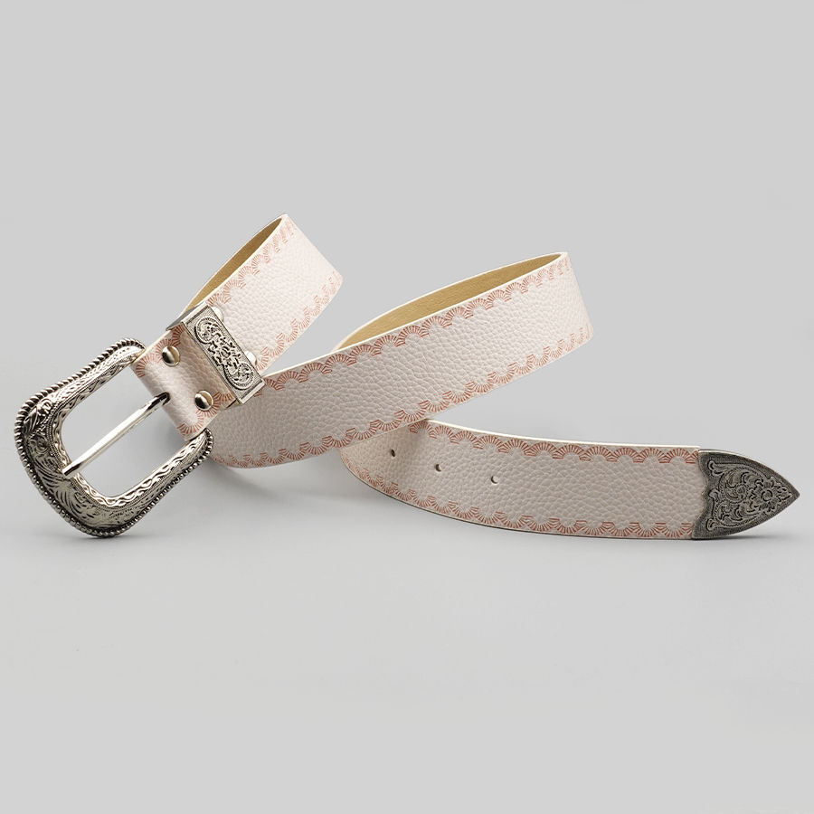 Ceinture pour femme à bordure blanche, ceinture imprimée décontractée de couleur unie, boucle en alliage sculpté en argent, adaptée au déplacement et aux rendez-vous quotidiens