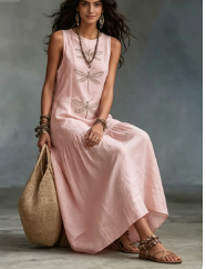 Nouvelle Robe Bohème d'Été pour Femme, Col Rond Décontracté, Sans Manches, Longueur Midi, Motif Libellule, Robes Unies pour Femmes, Vestidos 2026