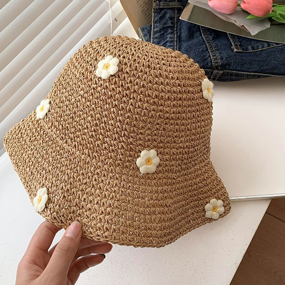 Chapeau de paille fleuri pour femme, chapeau de pêcheur pliable anti-UV pour l'été, chapeau tressé ajouré style vacances