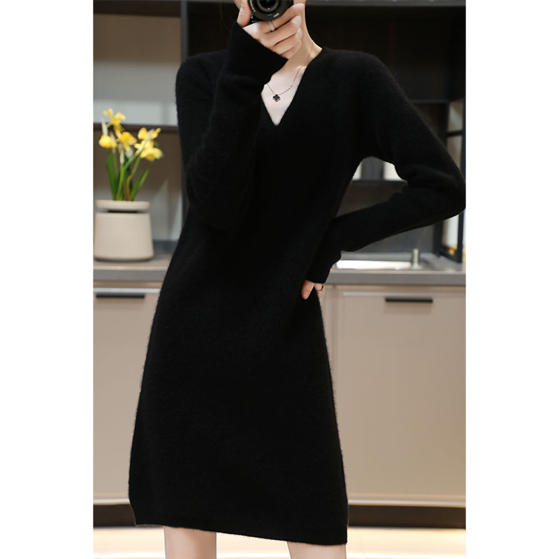 Femmes élégantes robes pull en cachemire 100% laine mérinos Sexy col en v décontracté jupe tricotée automne hiver dames robe noire vêtements