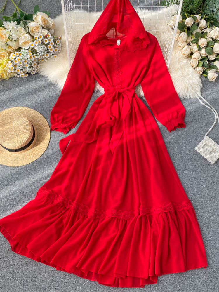 Robe longue rouge à capuche en mousseline de soie pour femmes, robes de plage élégantes à volants, robe trapèze mince, robe longue monochrome, robe éducative, printemps, automne