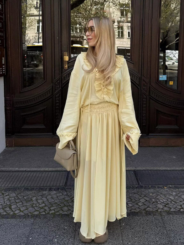 HH femmes élégant jupe costume solide manches longues dentelle chemise ample + fermeture éclair plissée tirer corde décoration décontracté longue jupe ensemble