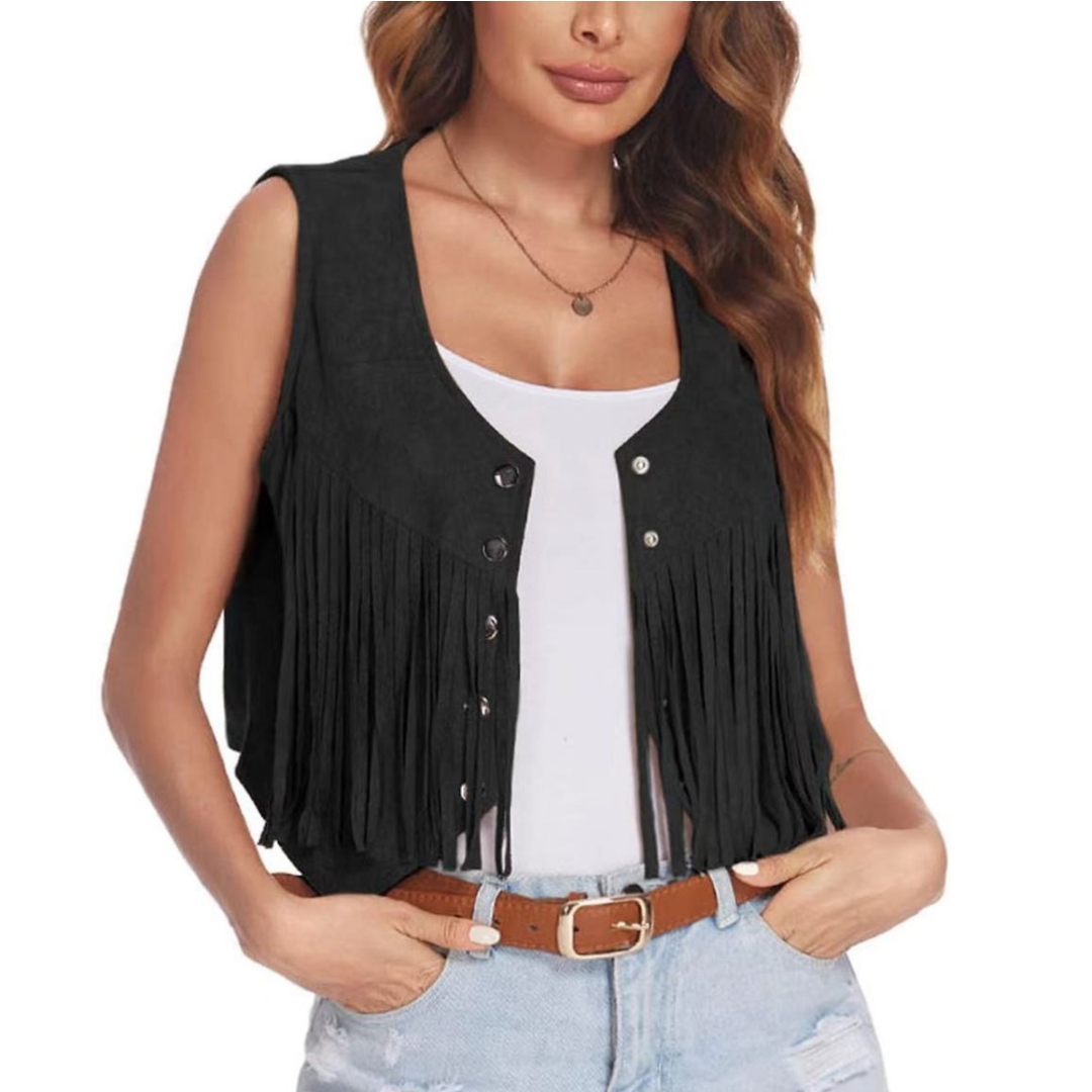 Veste en faux daim pour femme, cardigan ouvert sur le devant, gilet de cow-girl vintage, glands à franges, hippicopter, fibre ethnique, rivet