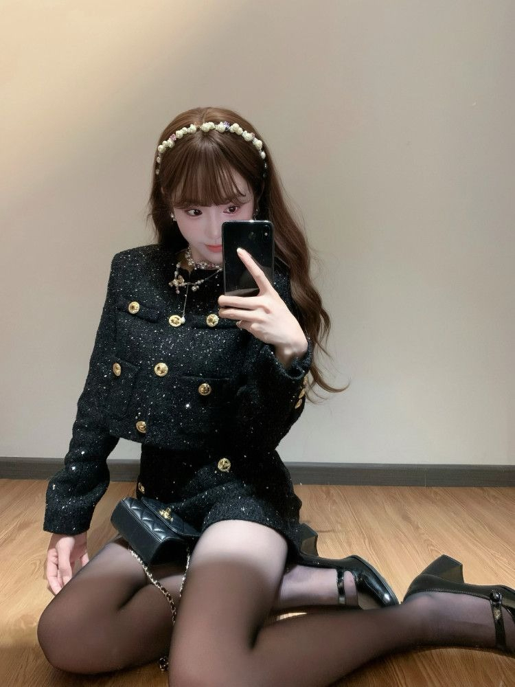 Mode coréenne élégant 2 pièces ensemble femmes noir brillant Tweed veste courte + taille haute Tweed Shorts français décontracté Chic tenue
