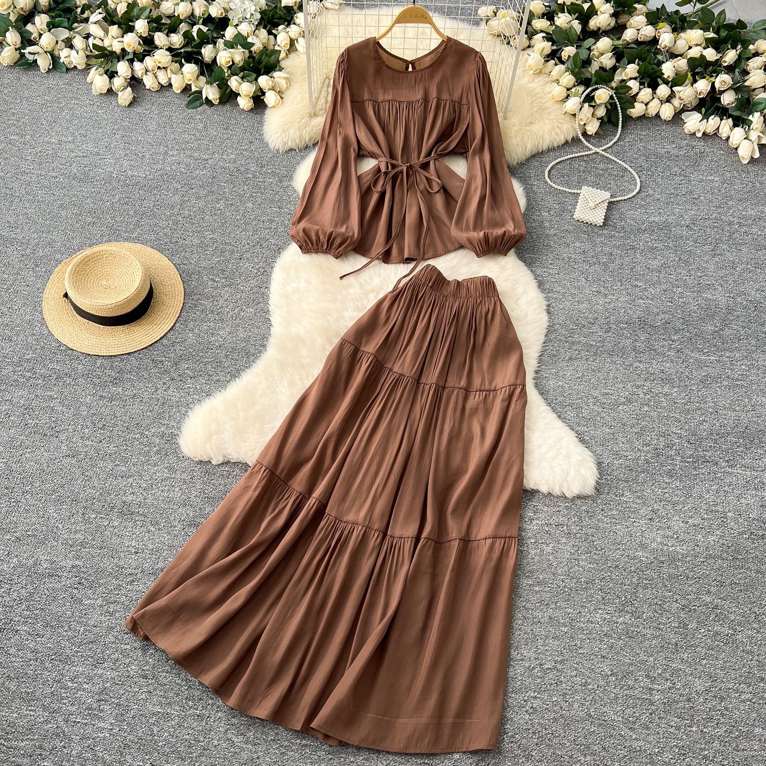 Ensemble jupe pour femmes, ensemble deux pièces, col rond, élégant, décontracté, hauts amples, ligne A, jupes longues, taille élastique, Streetwear Y2k