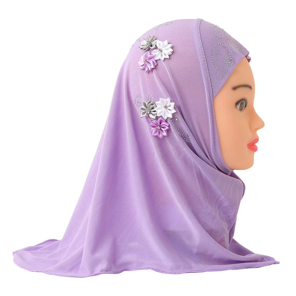 H075 belle petite fille Al amira hijab avec des fleurs faites à la main s'adapte aux enfants de 2 à 6 ans tirer sur écharpe islamique enveloppement de tête