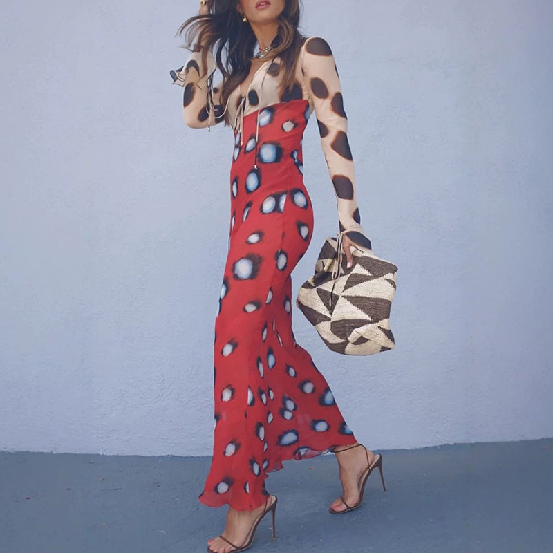 Nouvelle Robe Longue Moulante Femme à Pois Contrastants Col V Taille Haute Manches Longues Décontractée pour le Printemps et les Fêtes