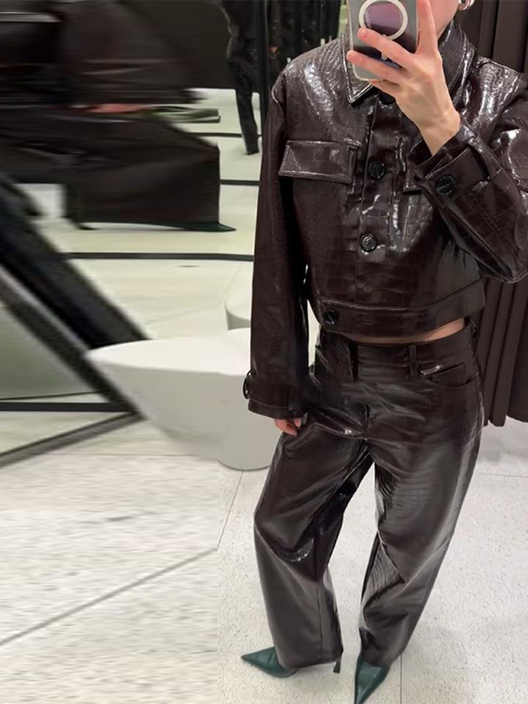 Ensemble pantalon en cuir pour femmes, Chic, simple boutonnage, vestes à manches longues, taille élastique, pantalon droit, costume, tenues pour dames, 2025