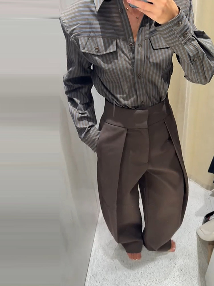 Ensemble chemise et pantalon droit décontracté pour femmes, rétro Chic, chemise cintrée à la taille, pantalon ample, tenues de rue classiques d'automne