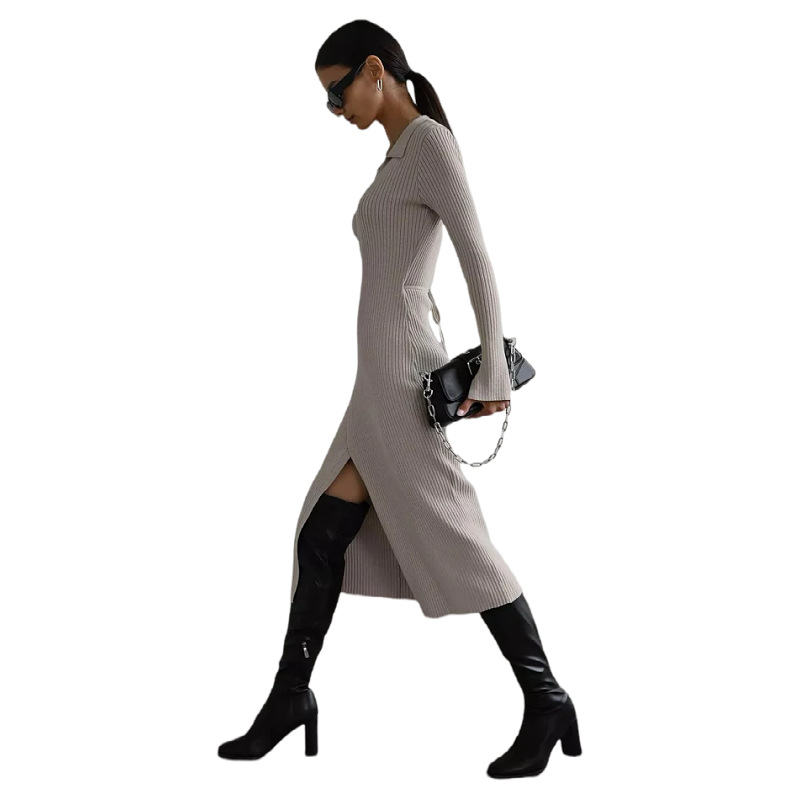 Robes tricotées femmes tricot robe longue à lacets col rabattu robe Maxi fendue robes Vintage Sexy automne hiver 2025