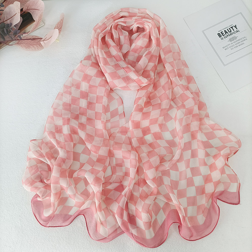 Foulard à carreaux pour femmes, élégant, en mousseline de soie, Georgette, Bandana, été, plage, voyage, Protection solaire, Hijab fin