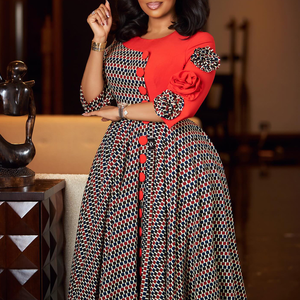 Robes élégantes pour femmes, mode africaine, manches 3/4, fête d'anniversaire, nouvelle Robe Chic à carreaux de fleurs 3D, Robe de soirée trapèze, automne 2025