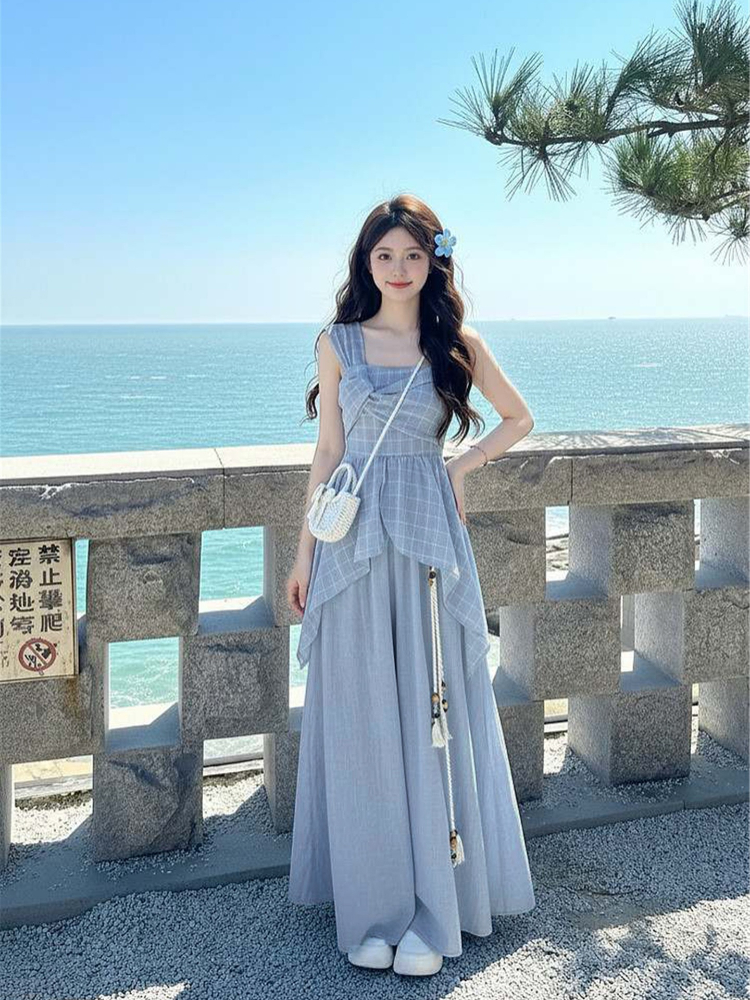 Ensemble 2 pièces coréen tendance à carreaux avec haut torsadé asymétrique et pantalon large taille haute pour femmes et jeunes filles – Idéal pour l'été et le quotidien