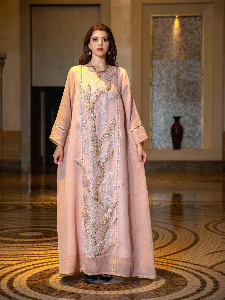 Abaya Jalabiya pour femmes musulmanes, robe de soirée longue, robe arabe éducative, paillettes marocaines, Kaftan Islam, Eid Party