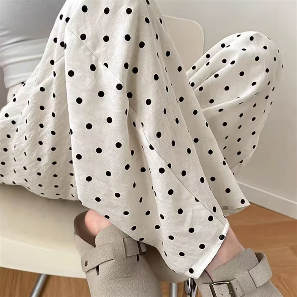 Pantalon large en lin à pois pour femme, style coréen, taille haute, coupe décontractée et droite, idéal pour l'été