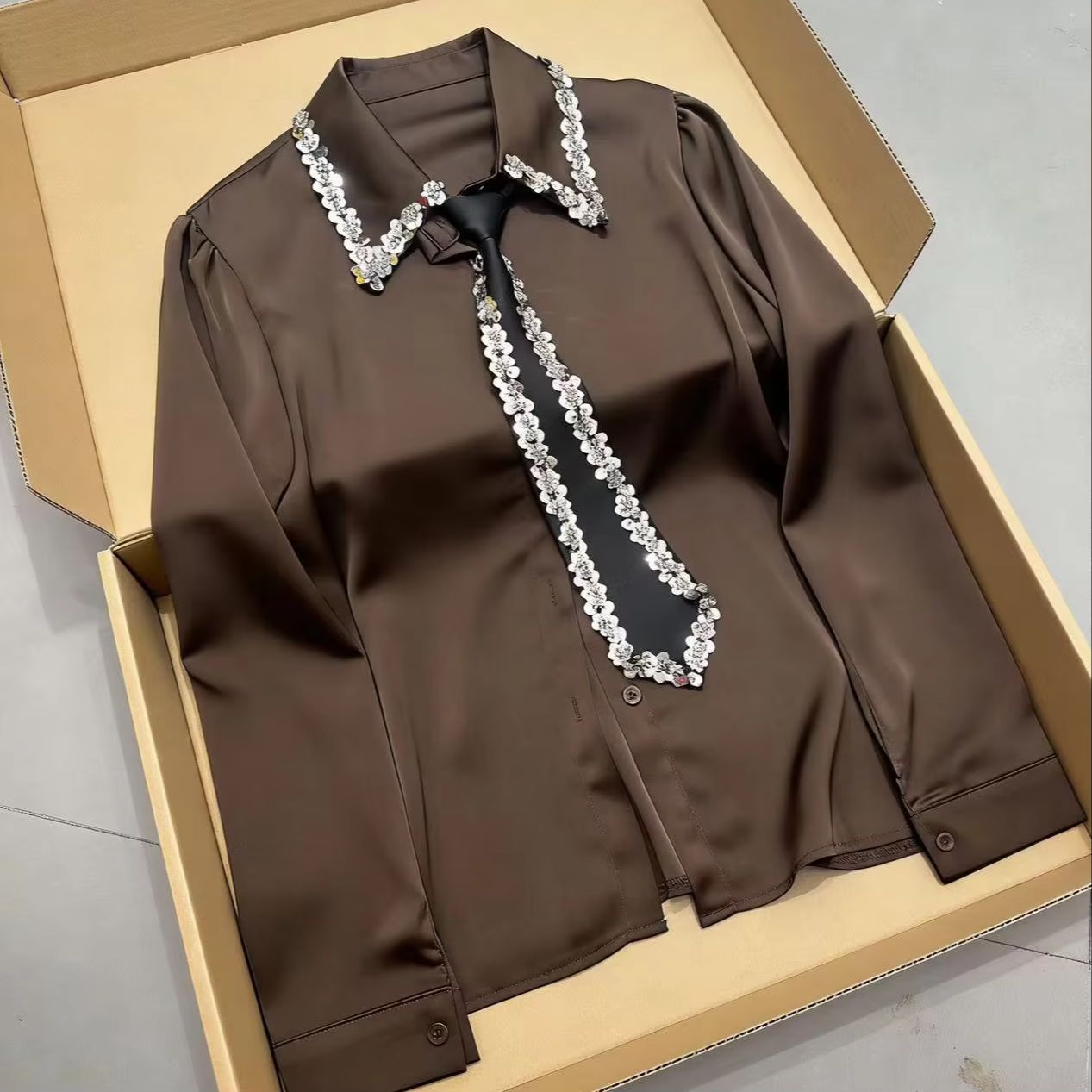 Chemisier blanc de luxe à sequins et cravate pour femme, nouvelle collection printemps-automne, chemisier en satin pour femme, hauts de bureau, vêtements de soirée pour femme