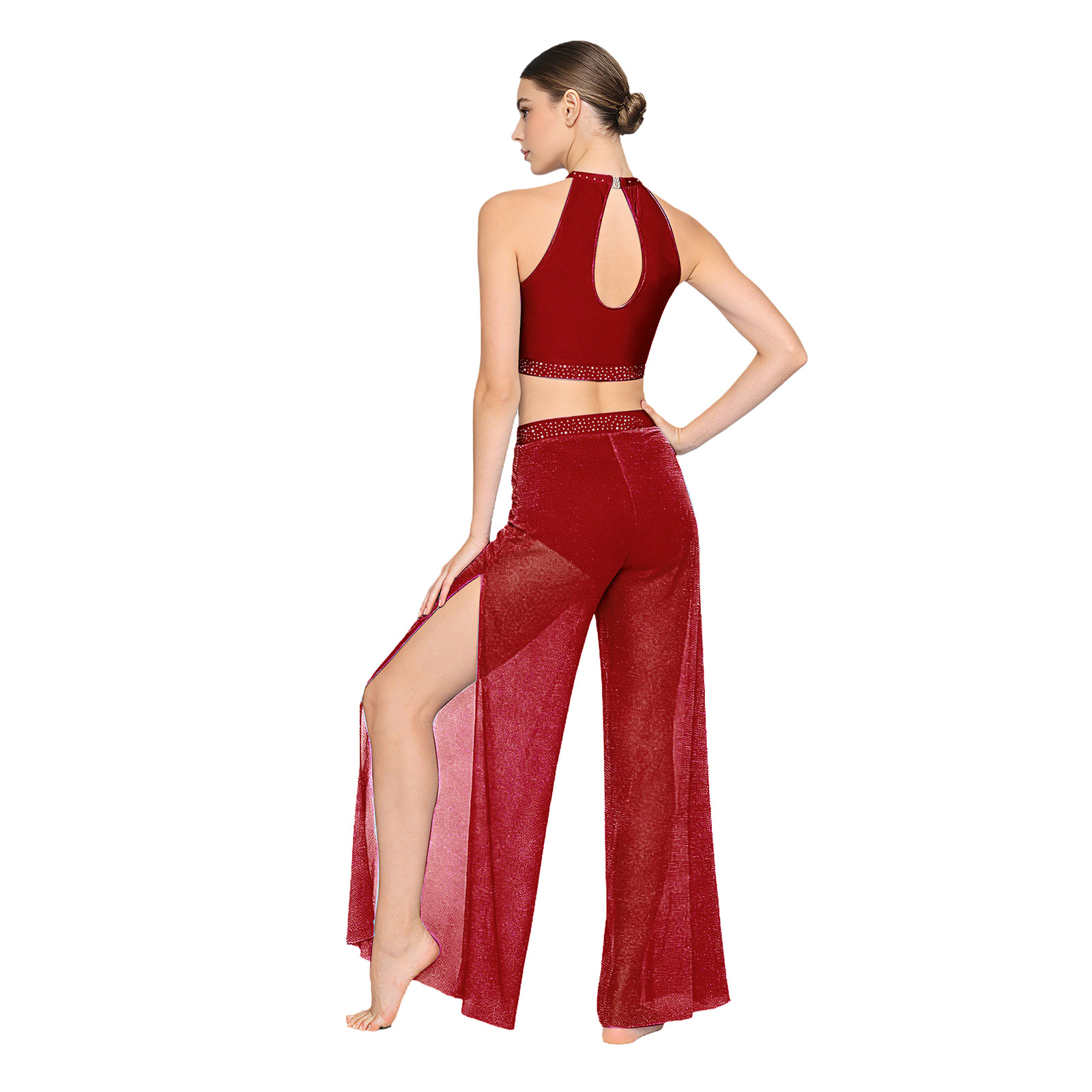 Tenue de danse lyrique pour femmes, costume de performance avec strass, débardeur ajouré et pantalon large en maille scintillante