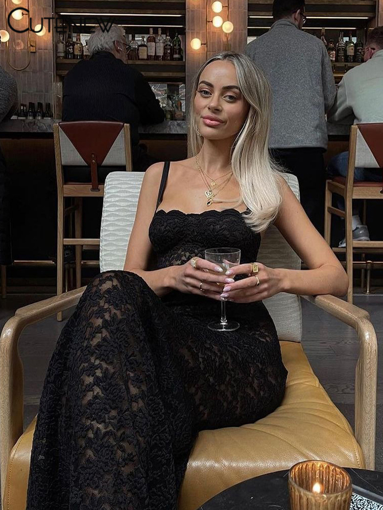 Cutenew-Robe longue en dentelle noire pour femme, robe à bretelles dos nu, robe d'été élégante, robe de rue décontractée, robe éducative