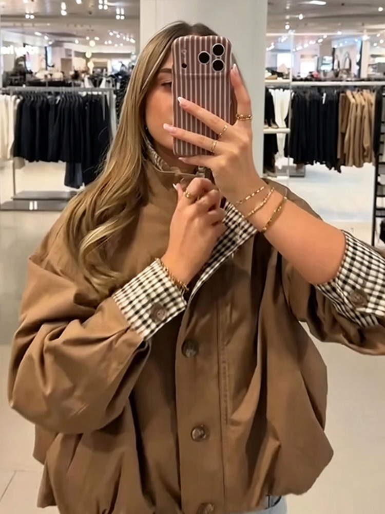 Manteau décontracté patchwork pour femme, élégant, à manches longues, col montant, plissé, vêtement d'extérieur féminin, mode automne-hiver 2026, streetwear pour femme
