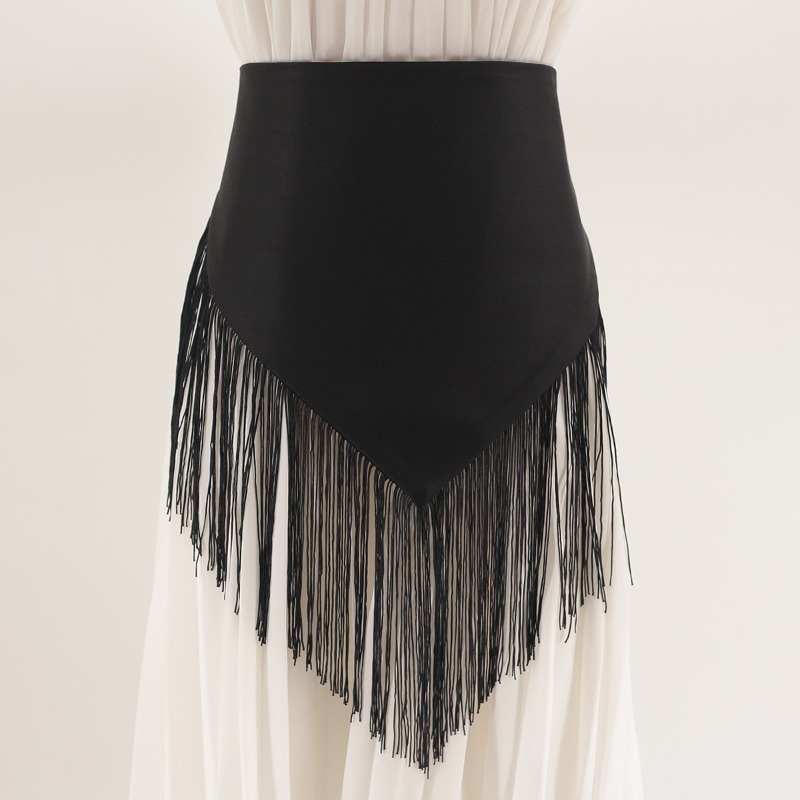 Ceinture de taille élégante en tissu noir pour femmes, avec pompons à franges, pour robes, chemises et jupes, couverture de taille pour femmes