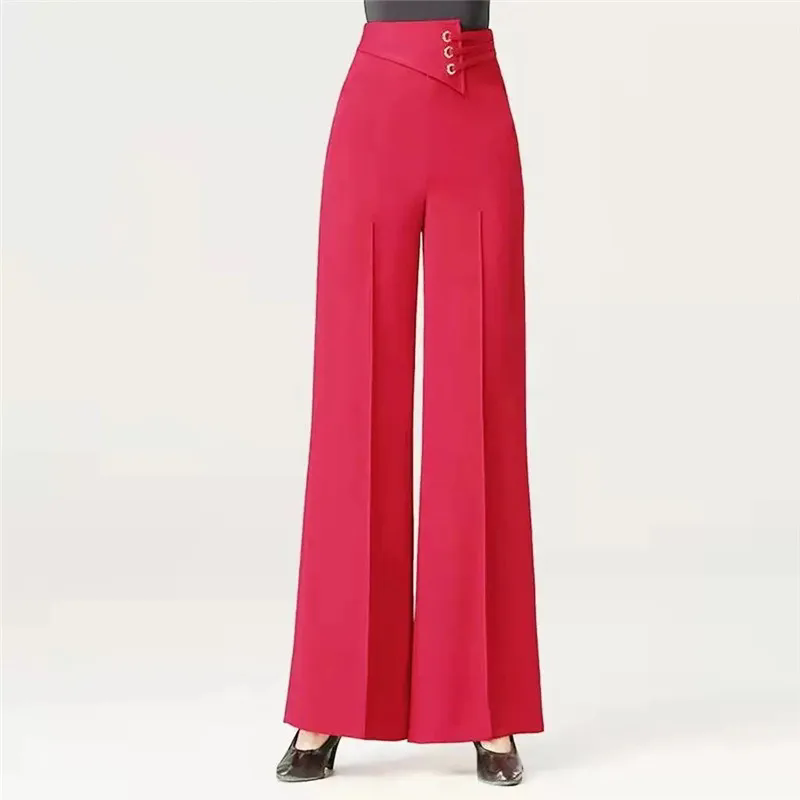 Femmes élégantes diamants mode pantalon à jambes larges solide élastique taille haute danse latine Simple ample droit nouveau pantalon décontracté