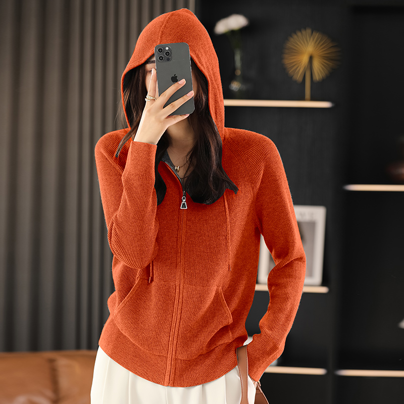 Pull en mélange de laine pour femme, col à capuche, tricoté épais, fermeture éclair, avec base de poche, automne et hiver ​ Top manteau femme