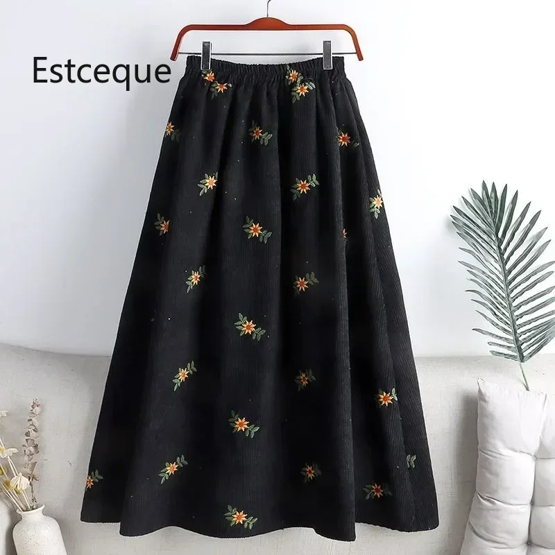Jupes en velours côtelé brodées pour femmes, nouvelle collection automne-hiver, jupes florales à taille haute, amincissantes, mi-mollet pour femme