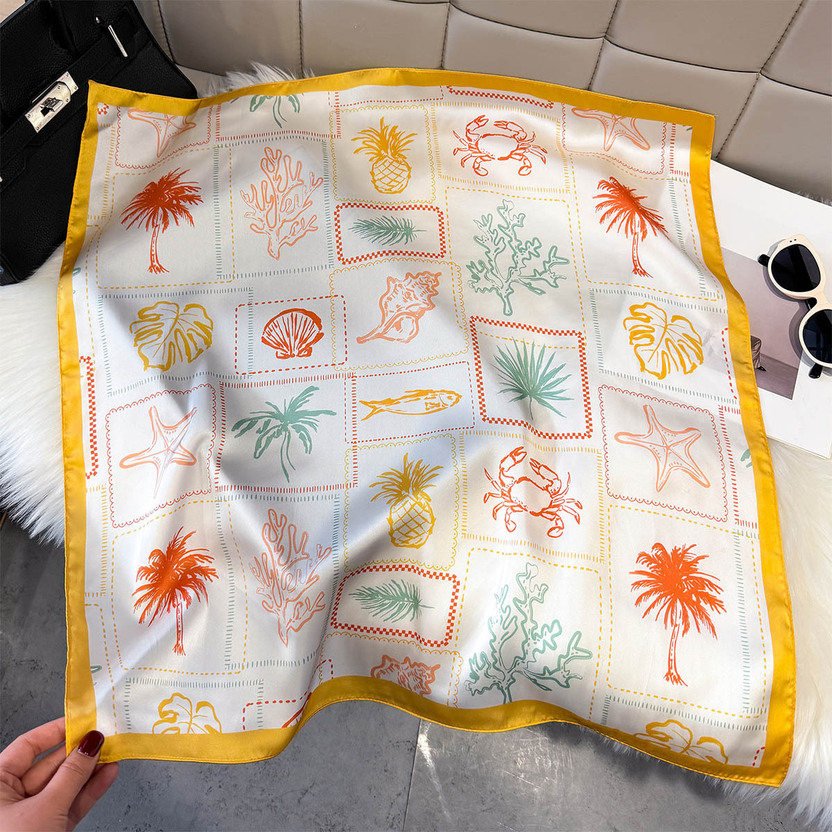 Foulards carrés en soie à imprimé coquillages et arbres pour femmes, écharpes de cou, hijabs décoratifs toutes saisons pour dames