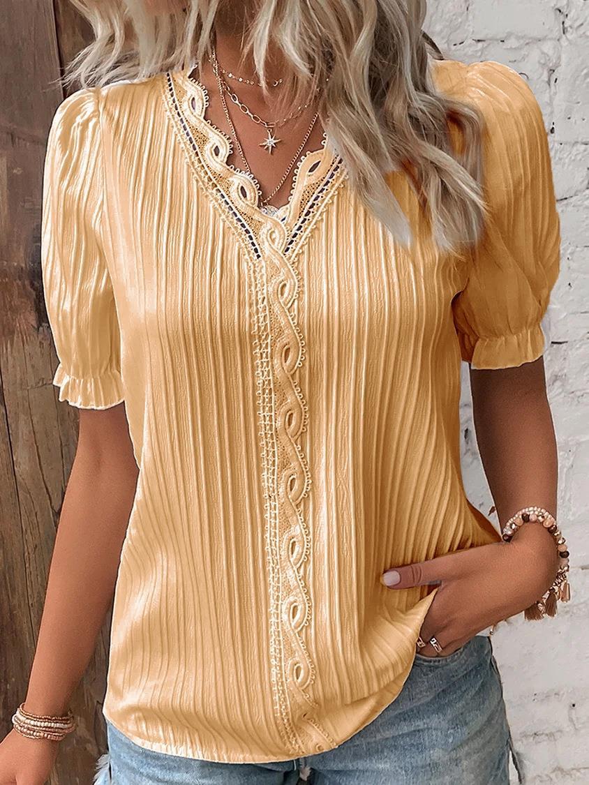 Femmes élégantes Blouse chemise col en V dentelle Patchwork chemises à manches courtes pour les femmes été montre de sport blanc