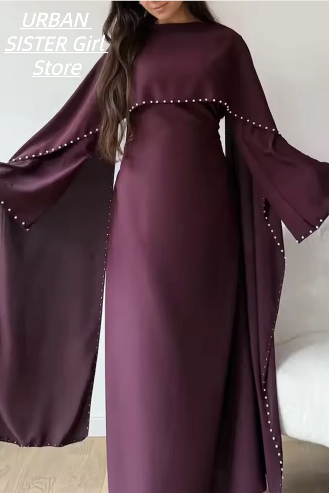 Cape ornée de perles avec manches cloche, robe musulmane, robe de soirée longue élégante de couleur unie