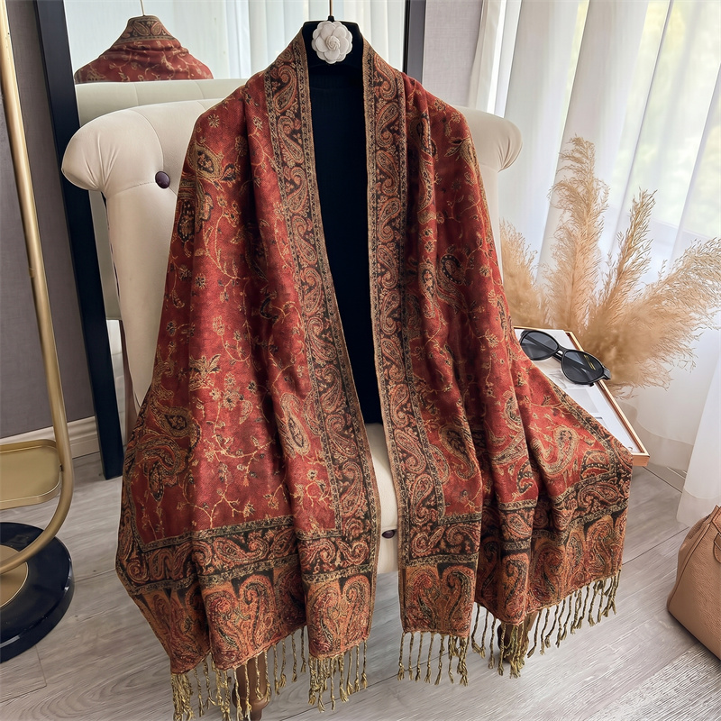 Nouvelle écharpe jacquard rouge à motif cachemire de style chinois pour femme, avec franges, châle ethnique, foulard culturel pour l'automne et l'hiver, idéal comme cadeau